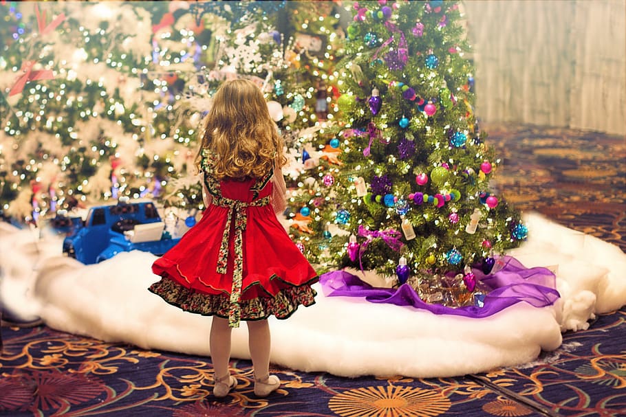 natal, árvores, brilhante, decorações, menina, encantamento, animado, férias, brilho, cor