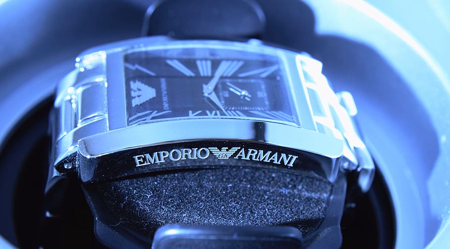 brand watch, brand, emporio armani, wrist watch, clock, macro, close up, text, close-up, communication