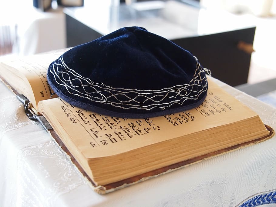 blue, white, hat, brown, opened, quran, world religion, judaism, kipa, jewish bible