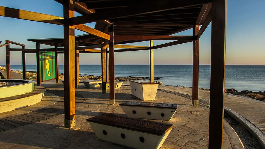 Chipre, Ayia Napa, puerto, pérgola, sitio de descanso, mar, nadie, estructura construida, agua, cielo