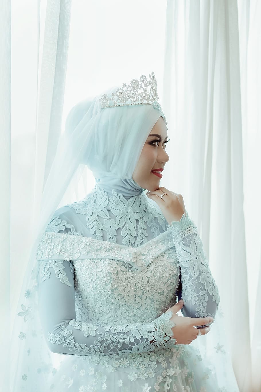 woman, standing, window, wearing, blue, floral, hijab wedding dress, wedding, women, dress
