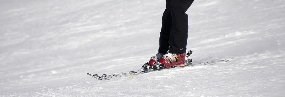 person, riding, pair, red-and-gray ice skates, skiing, ski boots, drive, winter sports, winter, snow