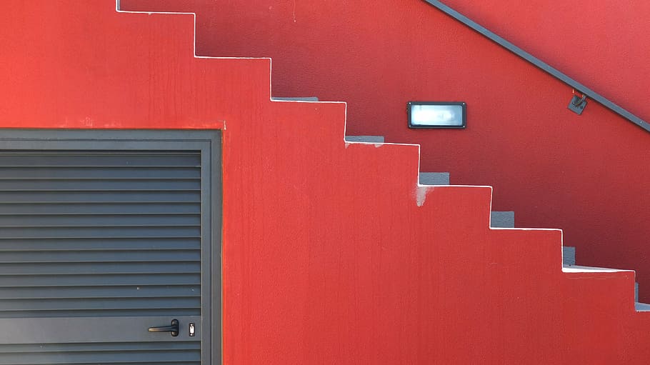 armário de madeira cinza, degraus, vermelho, moderno, arquitetura, exterior do edifício, estrutura construída, vida urbana, ao ar livre, cidade