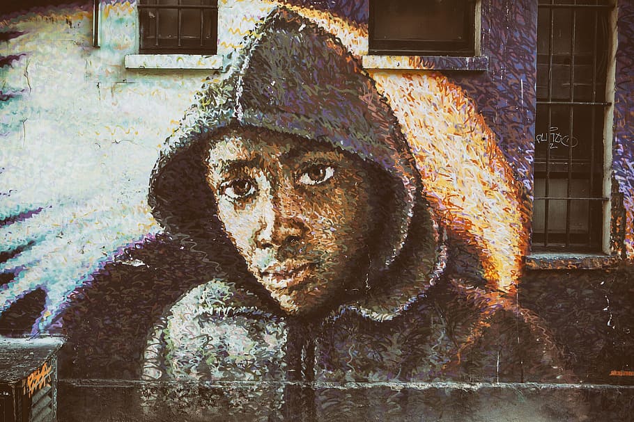 depicting, man, wearing, hoodie, top, Street Art, urban, graffiti, people, cultures