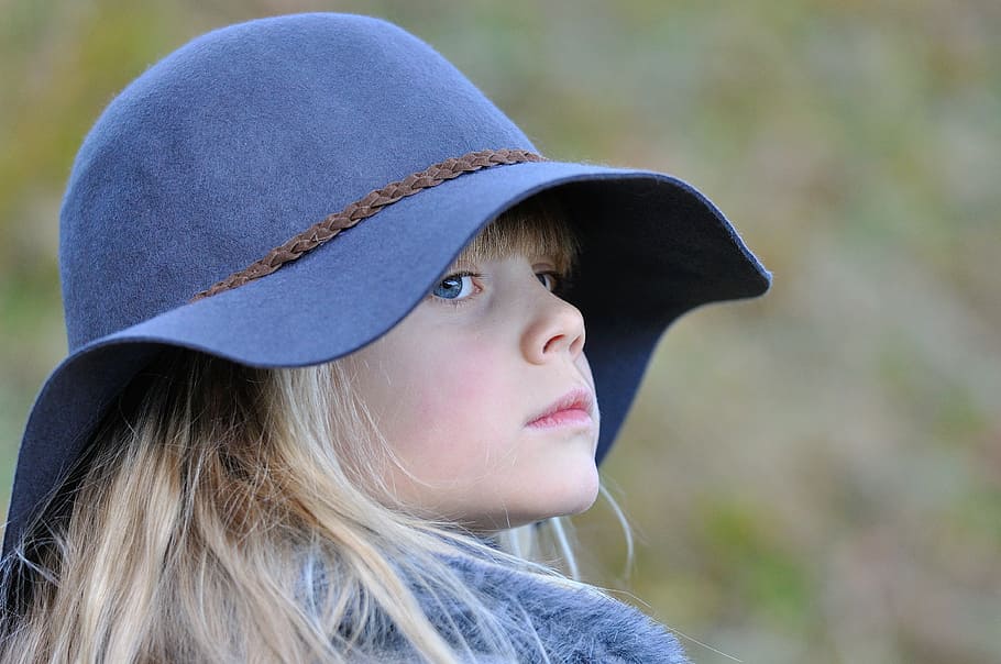 woman, wearing, purple, hat, girl, child, blond, view, self-conscious, consider