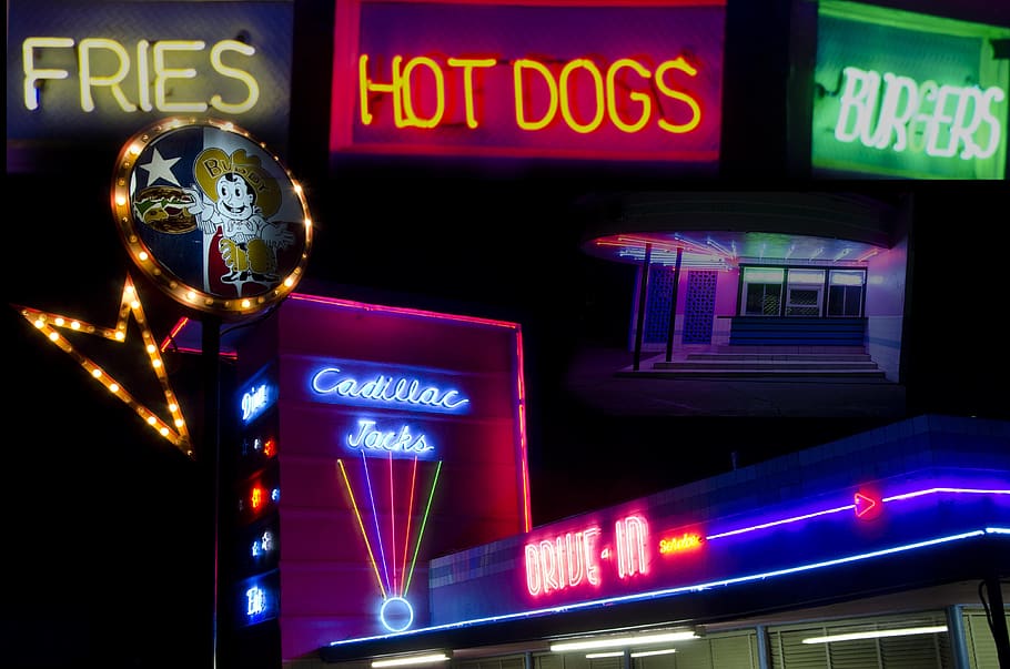 night, neon signs, hot dogs, bistro, dining, advertisement, food, diner, restaurant, neon