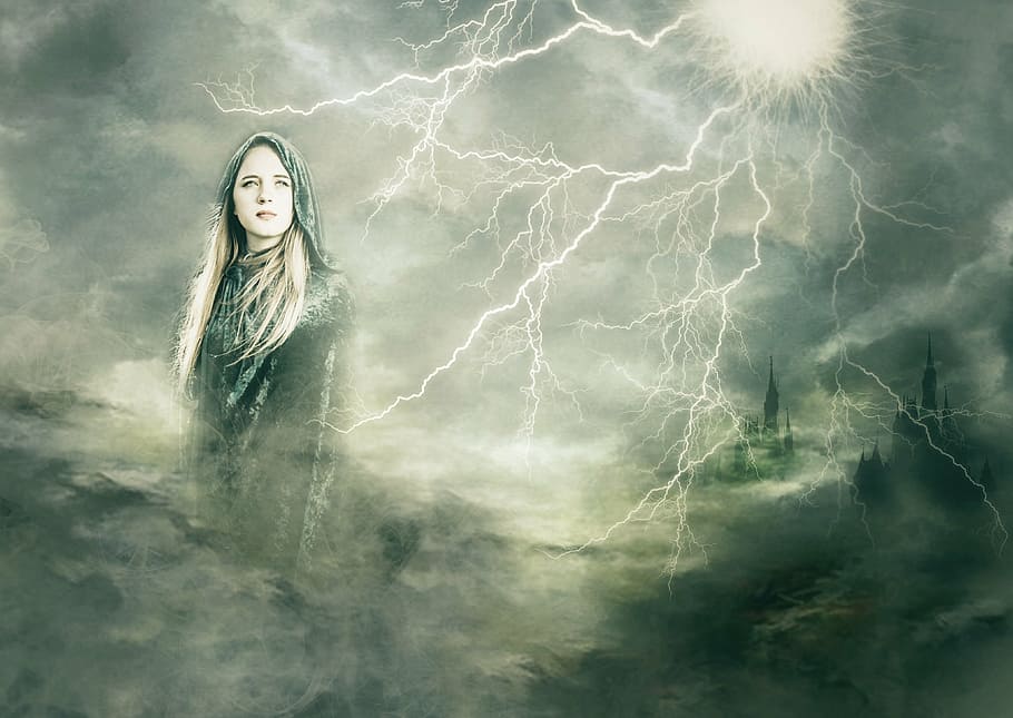 goddess, composite, lightening, separated by comma, women, one person, storm, water, nature, hair