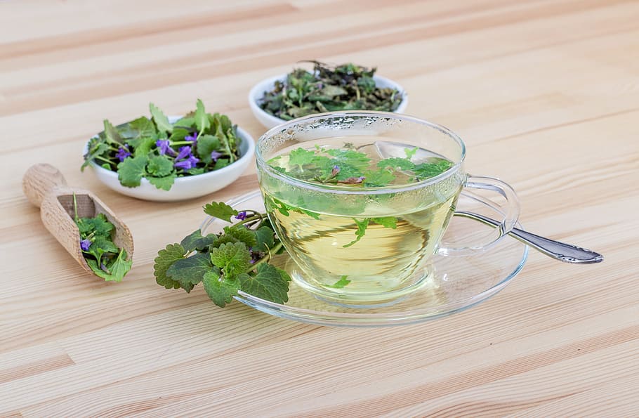 taza de té transparente, Tee, hierbas, té de hierbas, saludable, bebida, aroma, hojas, vidrio, hierbas medicinales