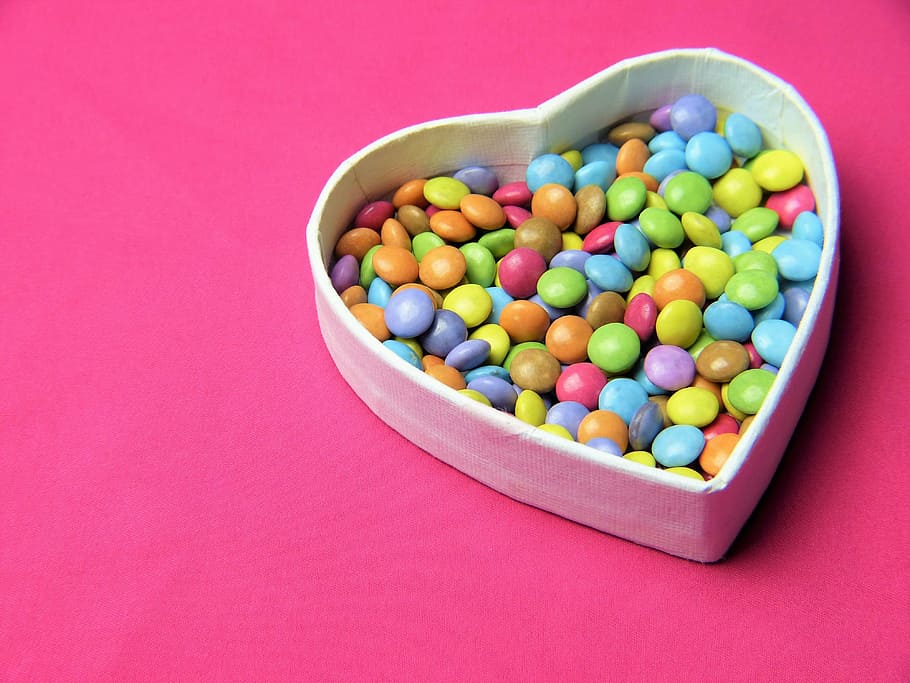 assorted-color candies, heart-shaped box, heart, smarties, pink, sweetness, invitation, love, birthday, mother's day