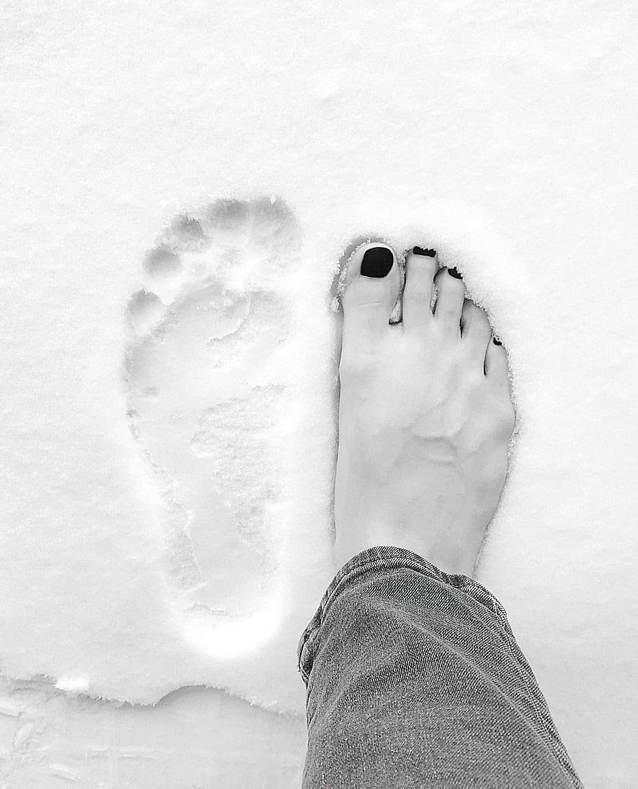 kaki, sendirian, hitam, jari kaki, musim dingin, salju, jean, manis, bertelanjang kaki, tapak kaki