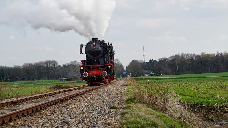 Steam Train, Rails, Mechanic, steam, pasture, outdoor, agriculture, transportation, field, rural scene