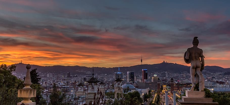 grey, statue, overlooking, city, sunset, barcelona, montjuic, plaza españa, architecture, building exterior