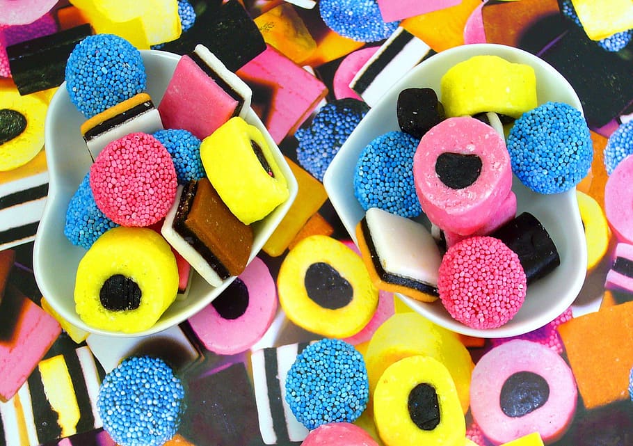 foto, amarillo, rosado, azul, caramelos, caramelo, regaliz, colores, colorido, confección