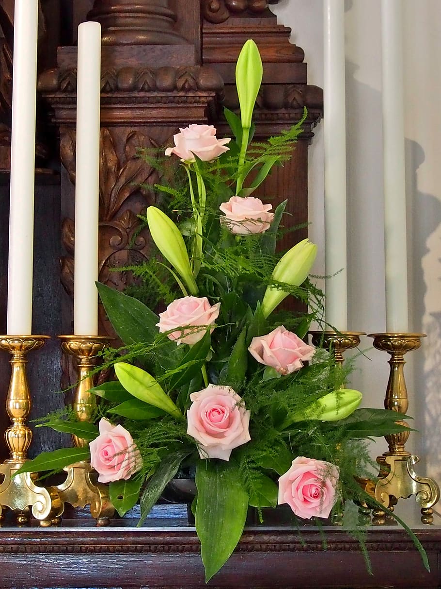 flowers, floral arrangement, floral decorations, decoration, lilies, white, roses, pink, candles, church