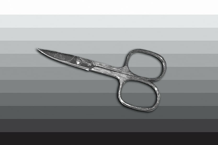 nail scissors, scissors, tool, metal, cut, single object, indoors, studio shot, sharp, silver colored