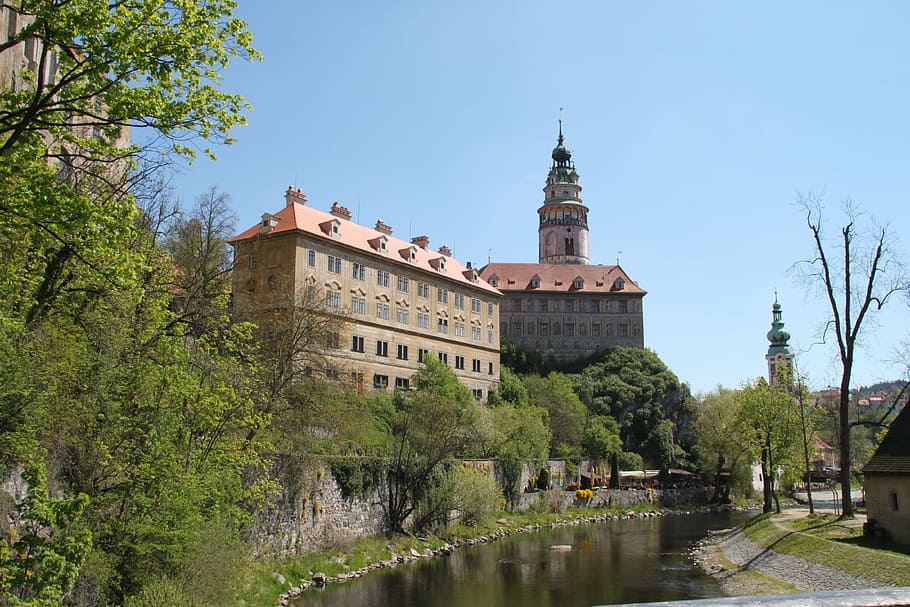 castle, river, czech republic, tree, plant, building exterior, architecture, built structure, water, sky