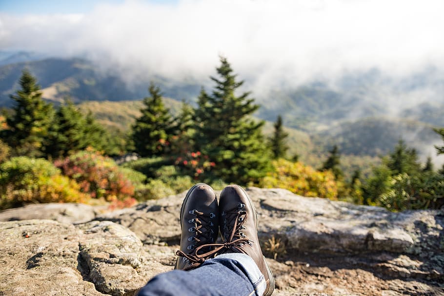 shoes, travel, leather, brown, trees, rock, fog, sky, clouds, nature