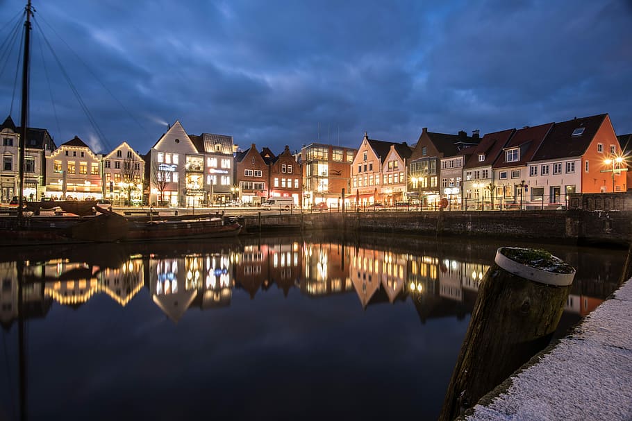 husum, inland port, port, light trail, waters, reflection, travel, panorama, building exterior, water