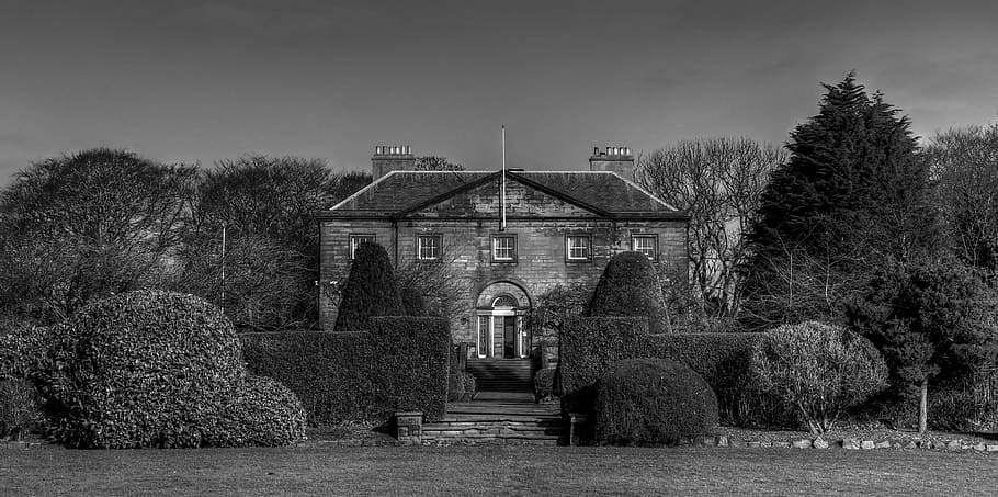 backworth hall, northumberland, uk, house, manson, building, front, garden, black And White, old
