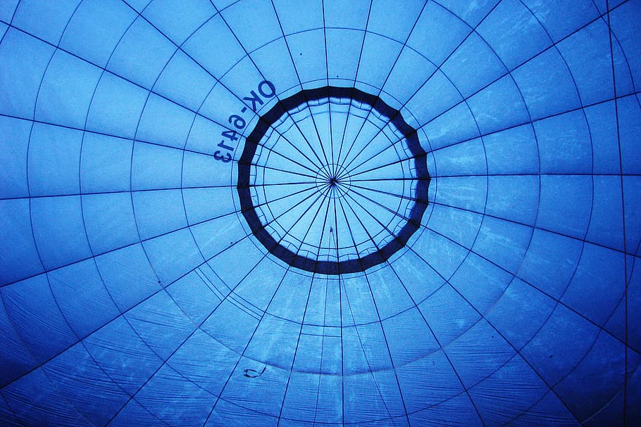 tiro, capturado, interior, azul, quente, balão de ar, por dentro, balão de ar quente, vários, balão