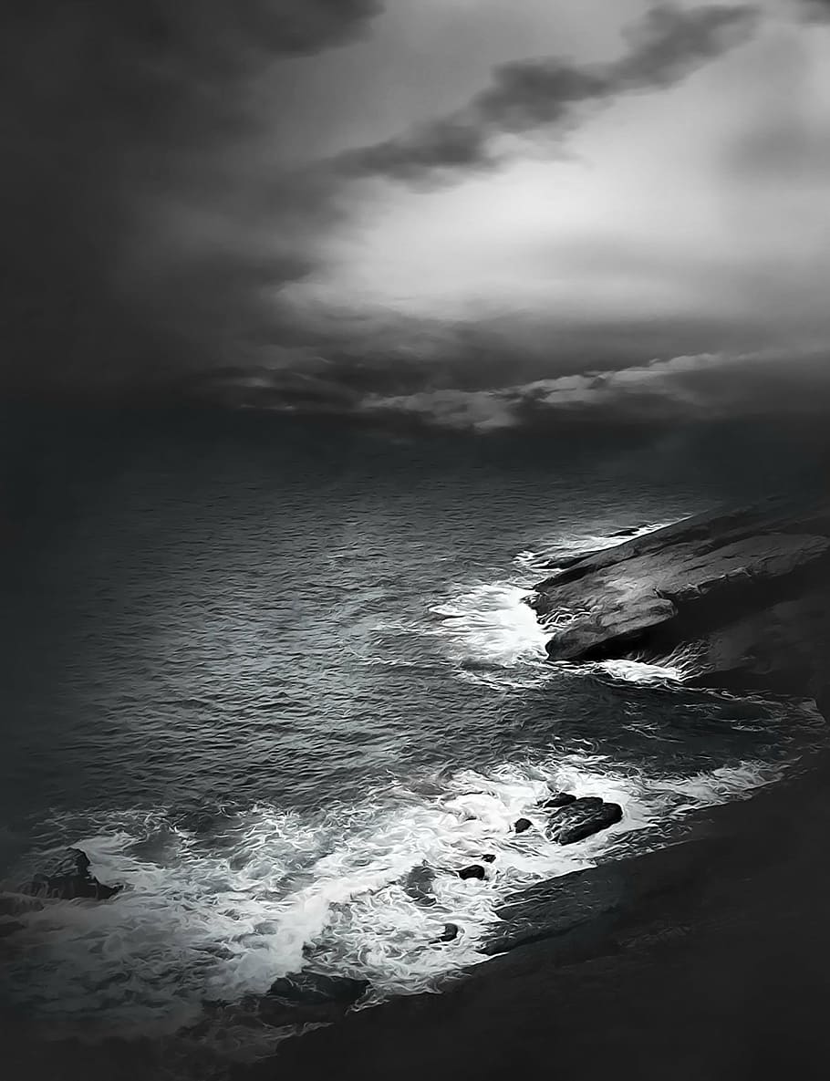 grayscale photo, sea, rocks, water, waves, coast line, weather mood, late evening, landscape, sky