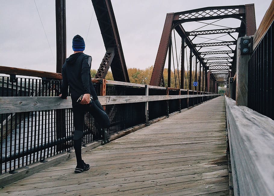 man, wearing, black, tracksuit, blue, knit, cap, bridge, run, runner