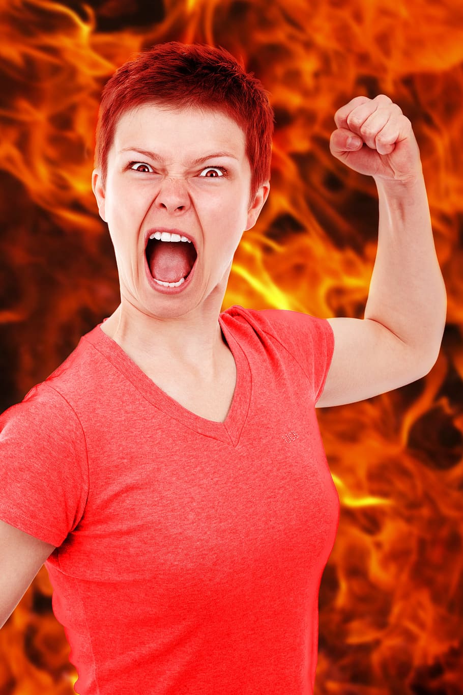 woman, red, v-neck, top, flame background, anger, angry, bad, burn, dangerous