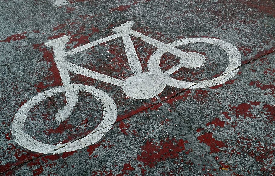 white bicycle painting, road sign, bicycle, bicycle sign, asphalt, symbol, road markings, street, bike, cycling