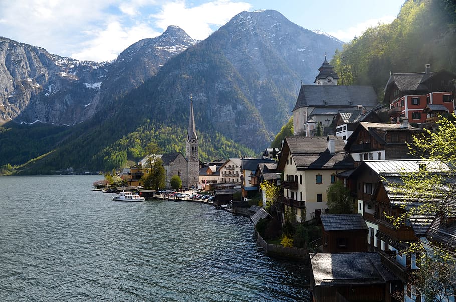 Hallstatt, Austria, Town, Beautiful, perdamaian, gunung, danau, air, pegunungan Alpen Eropa, alam