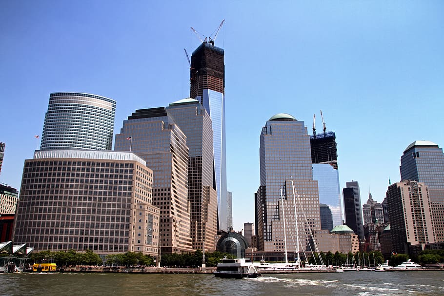 new york city, skyline, kota, perkotaan, sungai, air, hudson, pencakar langit, bangunan, arsitektur