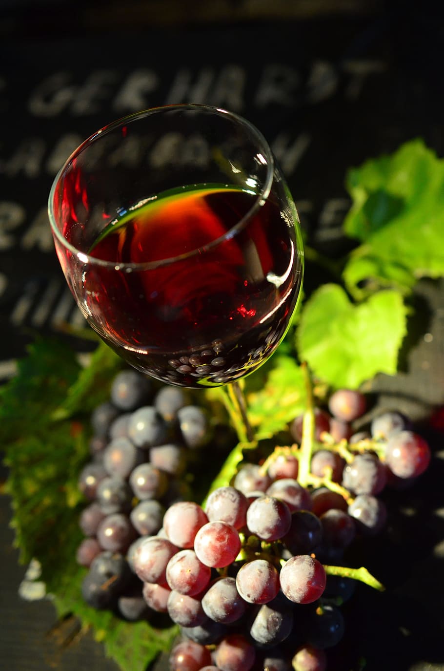 clear, glass, long, stem, wine glass, grapes, red wine, red grapes, lighting, still life