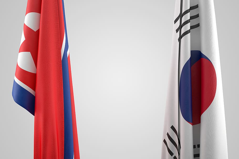 two, north, south, korea flags, conflict, country, crisis, diplomacy, fabric, flag