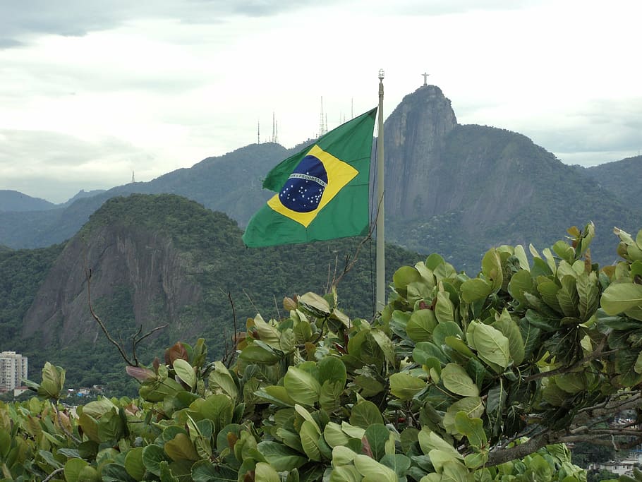 jamaica flag, brazil, flag, green, flagpole, rio de janeiro, landscape, christ the redeemer, mountain, sky