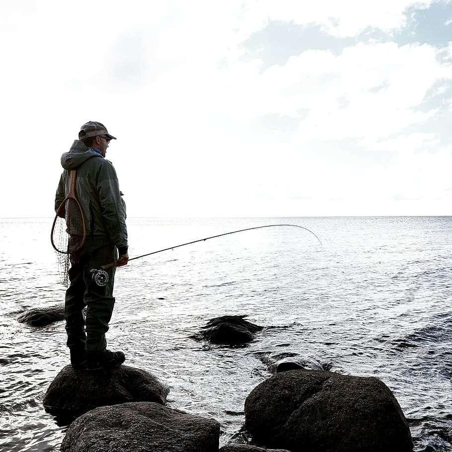 man, standing, rock, holding, fishing rod, Flyfishing, Fishing, Fisherman, fly-fishing, fish