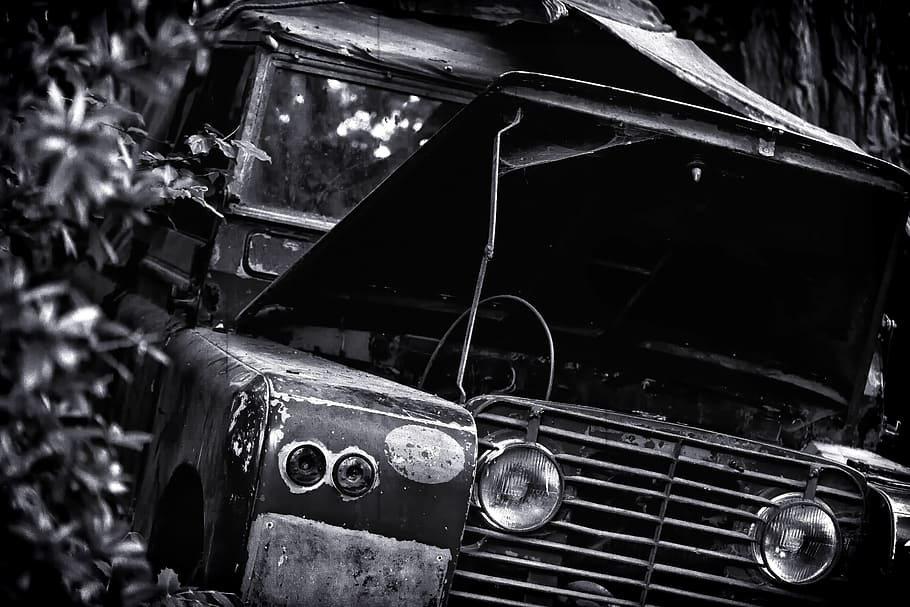 grayscale photography, abandoned, vehicle, jungle, auto, lost, expedition, accident, broken, jeep
