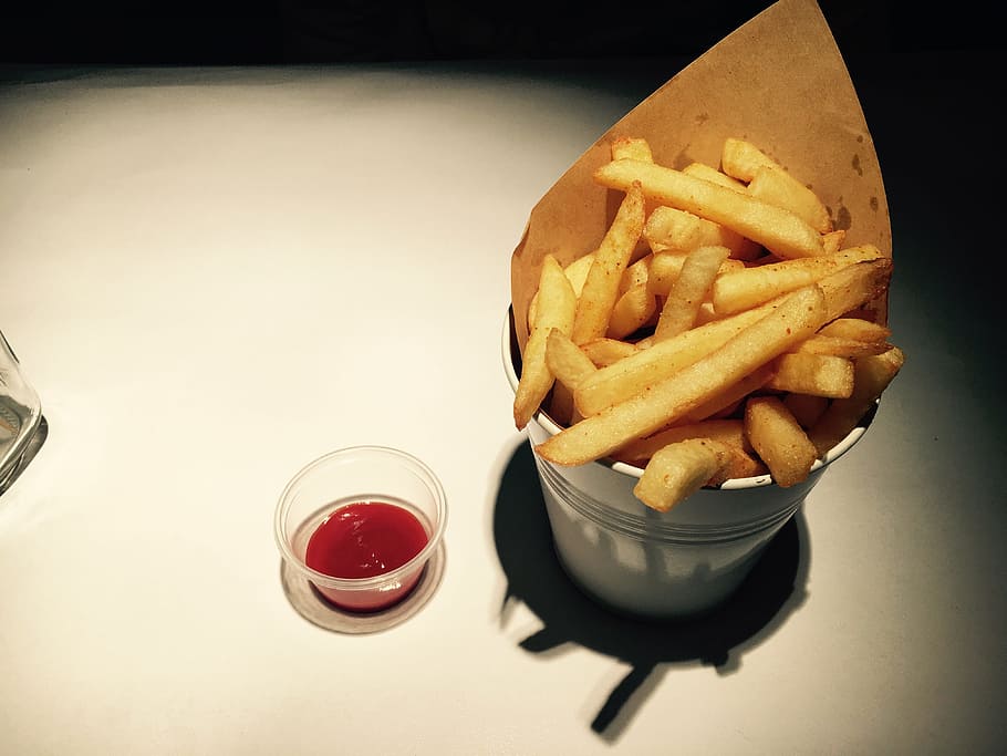 french, fries, ketchup, white, surface, gourmet, tomato sauce, food and drink, unhealthy eating, prepared potato