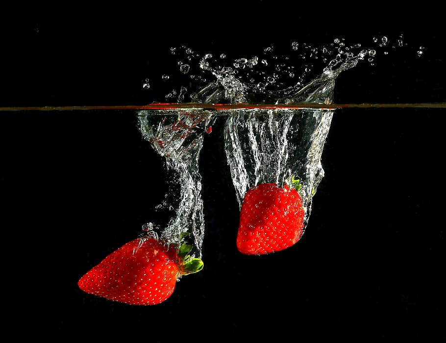 strawberries, fruit, water, black background, food and drink, splashing, red, studio shot, healthy eating, food
