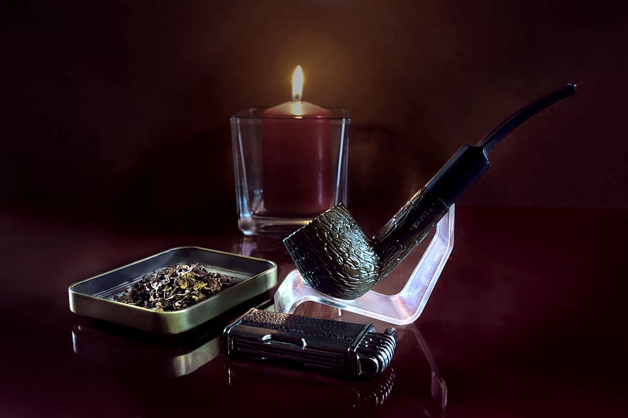 still life, pipe, tobacco, lighter, candle, glass, fire, smoke, table, aroma