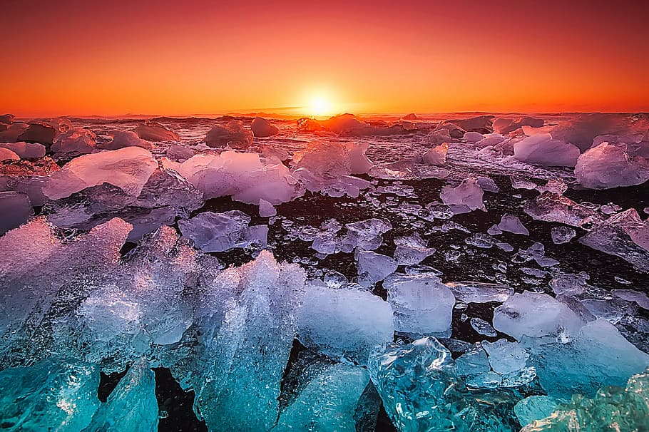 es berg, matahari terbenam, islandia, laut, samudra, es, bongkahan, alam, di luar ruangan, berbahaya