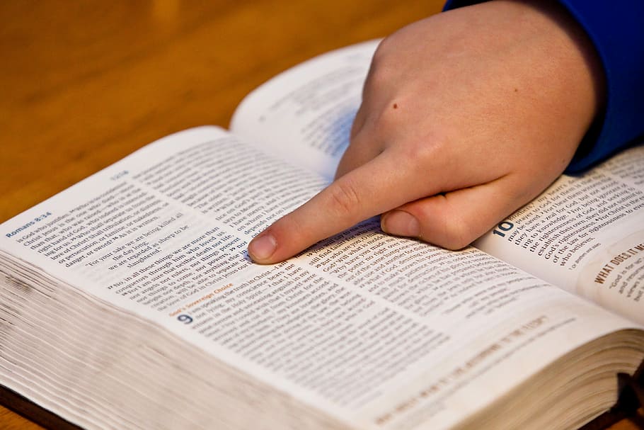 children, pointing, book, brown, wooden, tabletop, bible study, bible, hand, child