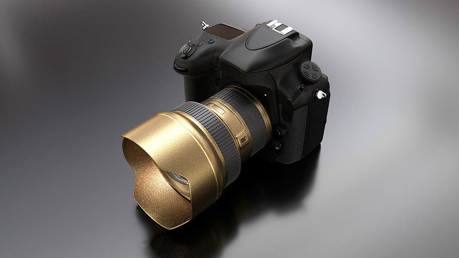 black, gold dslr camera, nikon, camera, photography, digital, photo camera, lens, close, 3d model