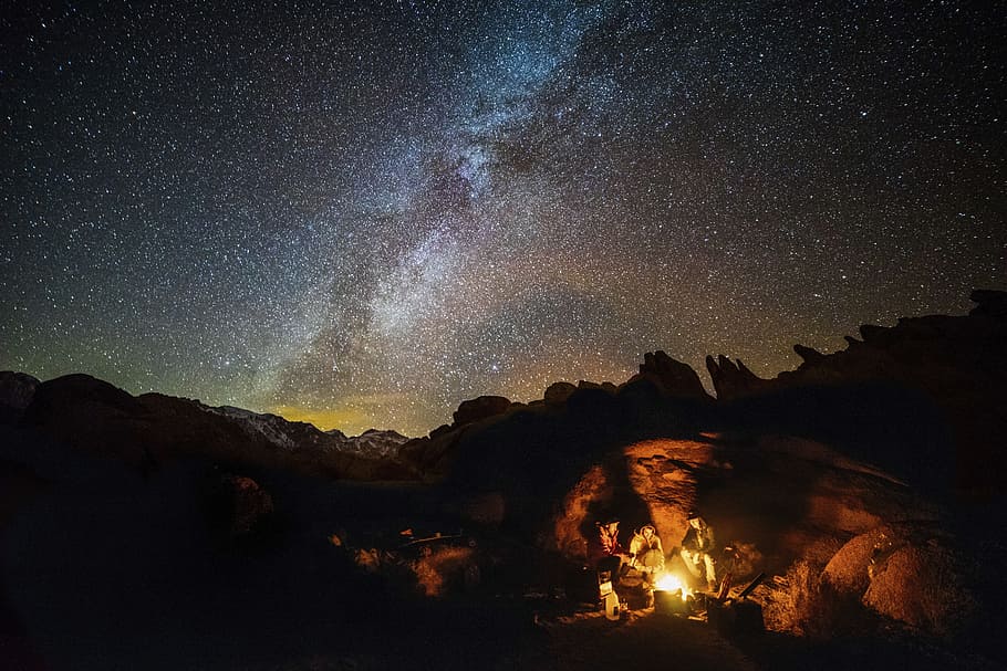 people, sitting, camp, starry night sky, nature, landscape, dark, night, outdoor, fire