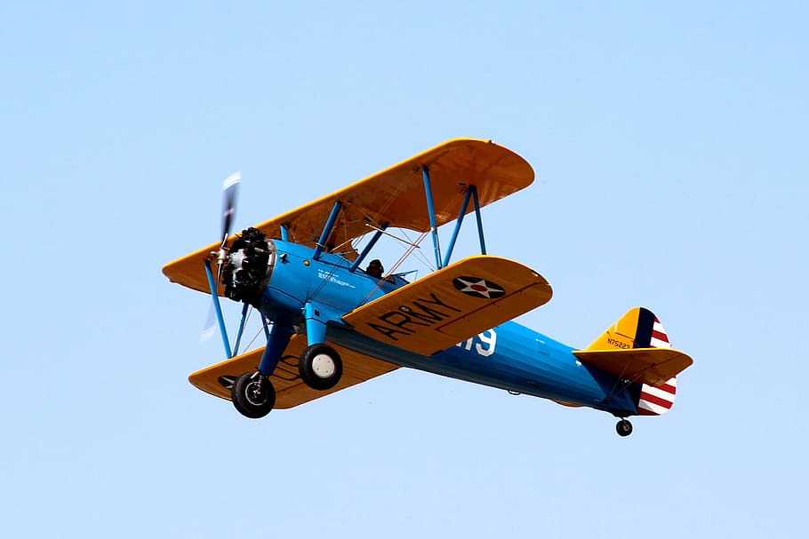 azul, amarillo, biplano, aire, avión, veterano, aviones, hélice, mosca, aviación