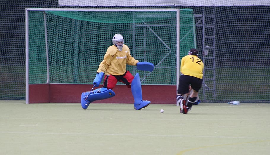 two, men, playing, field hockey, Sport, Hockey, Goalkeeper, outdoors, action, competitive Sport