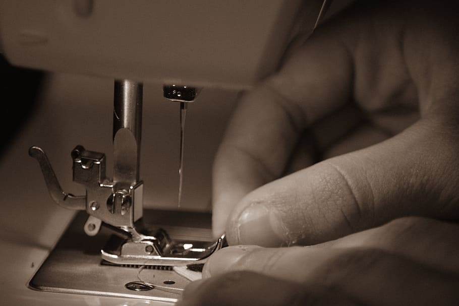 grayscale photo, person, using, sewing machine, Sewing, Machine, Hand, Needle, Thread, sewing, machine