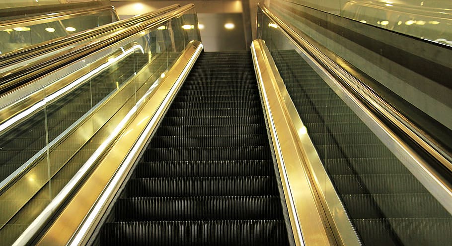 black escalator, escalator, mirroring, upward, means of rail transport, transport, movement, means of transport, railway station, light