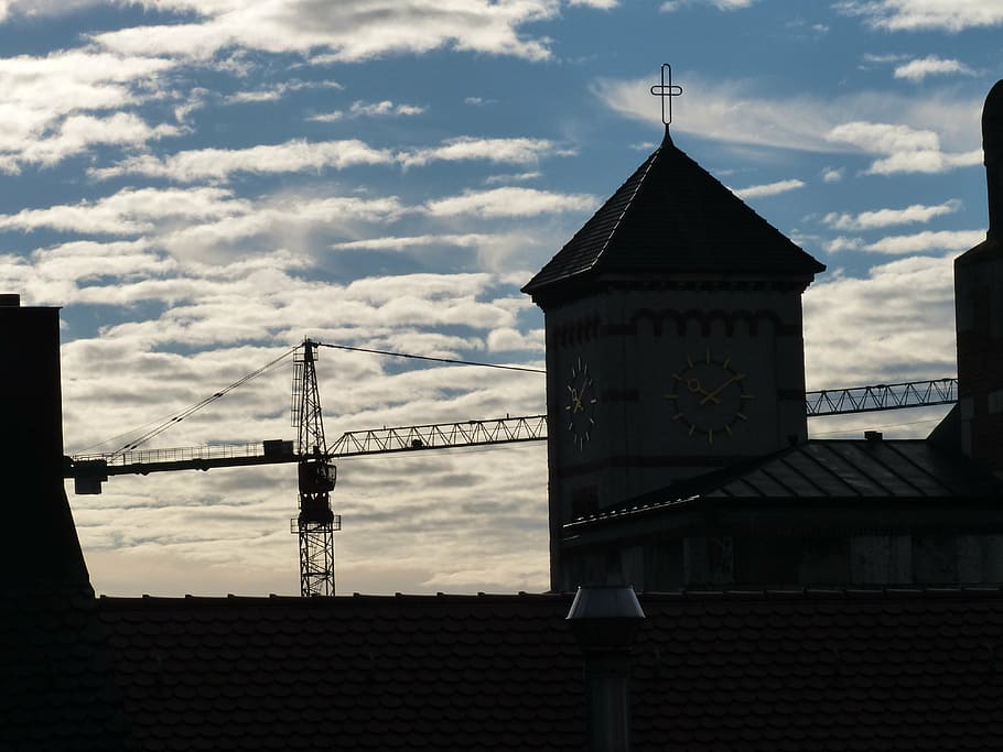 crane, baukran, site, build, red, white, boom, steeple, church, bell tower