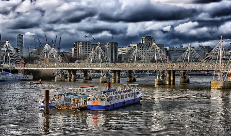 three, blue, white, boats, gray, bridge, clouds, london, england, hdr