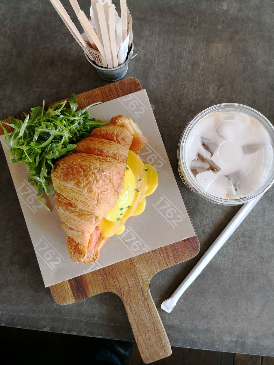 croissant, poached eggs, lunch, food and drink, freshness, food, table, high angle view, ready-to-eat, healthy eating