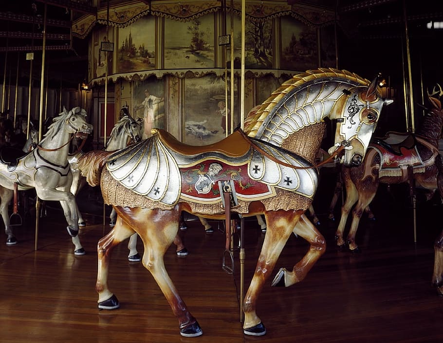 brown, white, horses, carousel, horse, wooden, retro, nostalgic, merry-go-round, vintage